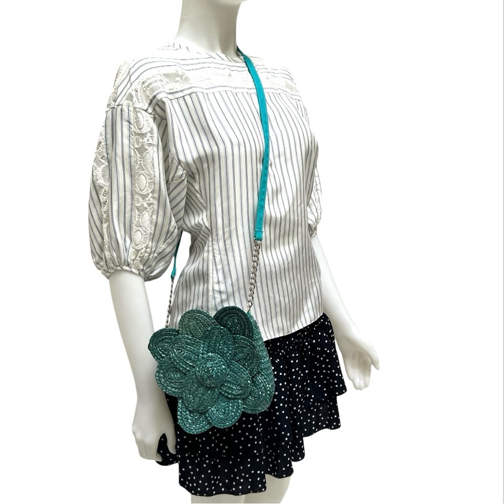 Poppie Jones Straw‎ Crossbody Handbag Blue Woven Flower Boho Cottage core Artsy